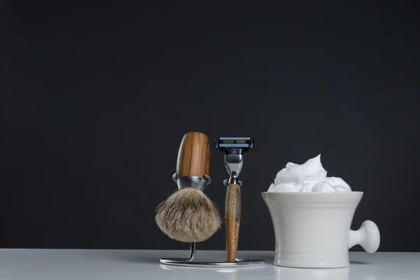 Vintage Shaving Equipment on white Table and dark Background — Stock Photo, Image