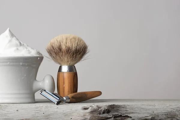 Vintage Shaving Equipment on white Table and bright Background — Stock Photo, Image