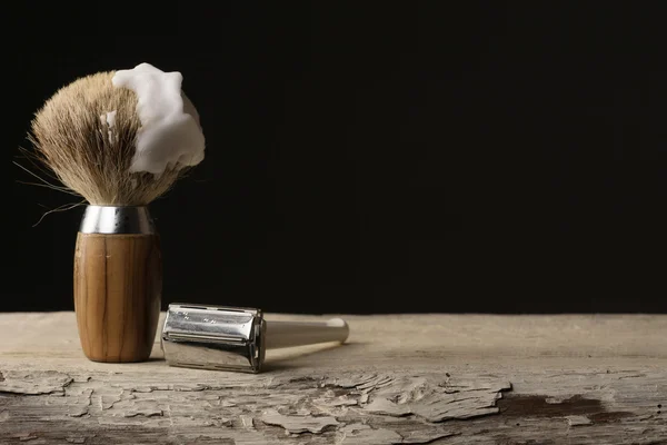 vintage shaving Equipment on wooden Table