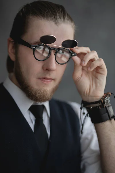 Man White Shirt Vest Large Black Glasses Looks Camera — Stock Photo, Image