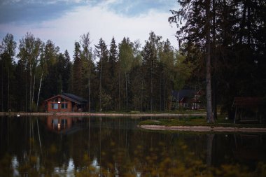 Üzerinde beyaz bir kuğunun yüzdüğü ve sahilde ahşap evler olan bir göl..