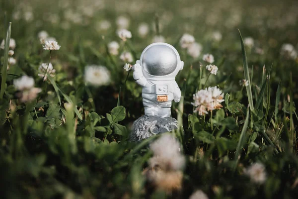Oyuncak bir astronot uzun otların arasında duruyor ve elini sallıyor.