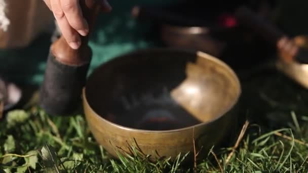 Woman Drives Wooden Stack Singing Tibetan Bowl — Stock Video