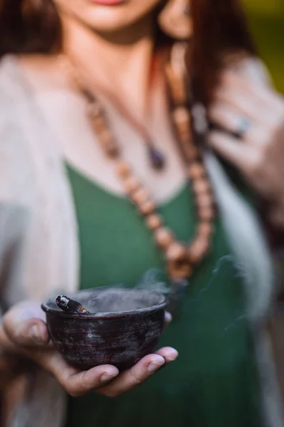 Yogi Woman Holding Smoking Bowl Her Hands — Stock Photo, Image