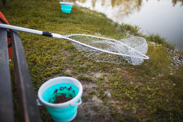 Filet Pour Pêche Seau Bord Lac — Photo