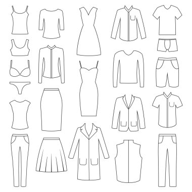 Kadın ve erkek giysileri simgeler, vektör çizim set
