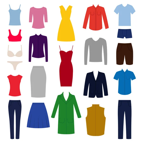 Zestaw ikon ubrania kobiety i mężczyzny, ilustracji wektorowych — Wektor stockowy