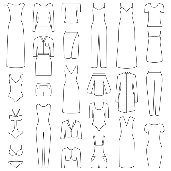 Set van vrouw kleren pictogrammen, vectorillustratie — Stockvector