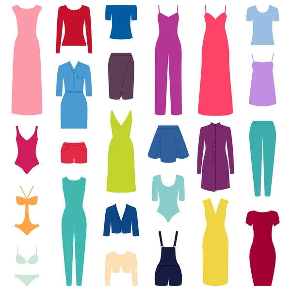 Set van vrouw kleren pictogrammen, vectorillustratie — Stockvector