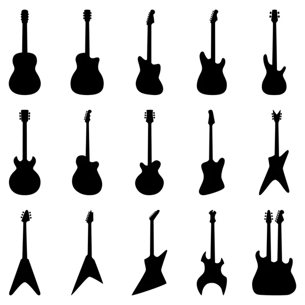 Uppsättning av silhuetter av bas, akustiska och elektriska gitarrer, vektorillustration — Stock vektor
