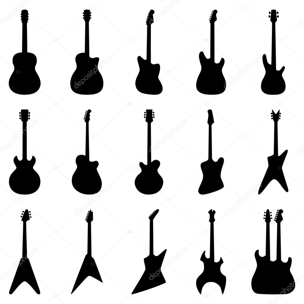 Set of silhouettes of acoustic, electric and bass guitars, vector illustration