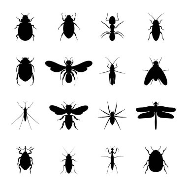 Böceklerin siyah siluetleri, vektör illüstrasyonu