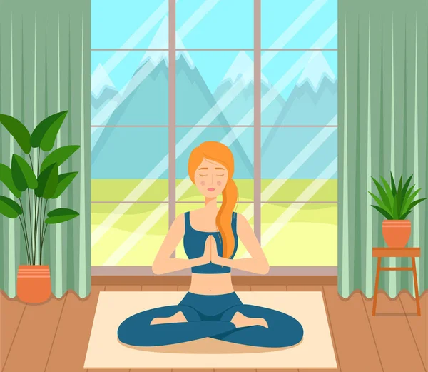 Niña Sentada Piernas Cruzadas Habitación Practicando Yoga Meditación Ilustración Vectorial — Vector de stock