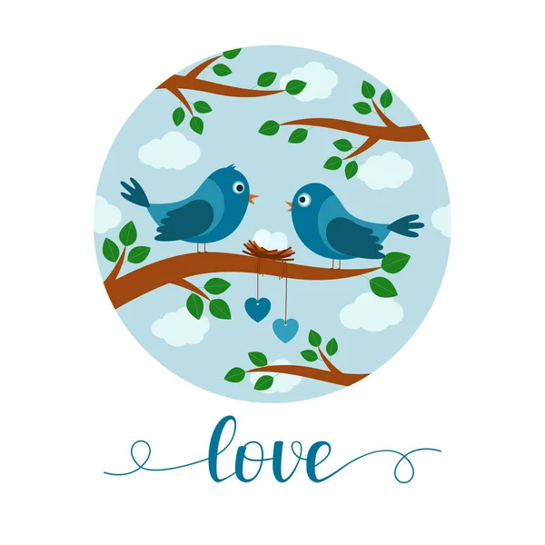 Tarjeta Con Par Pájaros Rama Amor Letras Ilustración Vectorial — Vector de stock