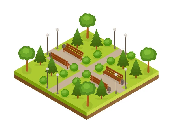 Parque Urbano Verde Isométrico Con Árboles Callejones Bancos Ilustración Vectorial — Vector de stock