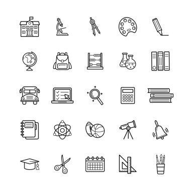 Beyaz arkaplanda çizgi okul simgeleri kümesi, vektör illüstrasyonu