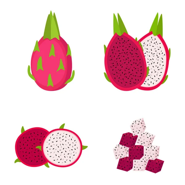 Φρούτα Δράκου Ολόκληρα Φρούτα Μισά Και Φέτες Λευκό Φόντο Διανυσματική — Διανυσματικό Αρχείο