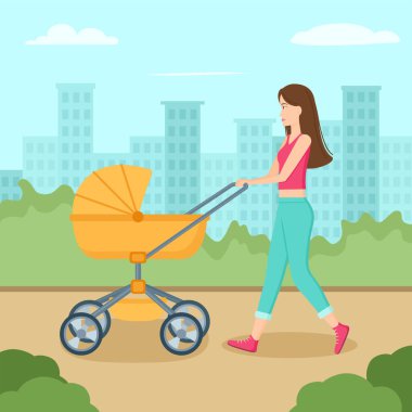 Genç anne parkta bebek arabasıyla yürüyor. Bebek arabalı kadın, vektör illüstrasyonu