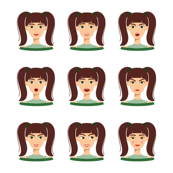 Set Emosi Gadis Cantik Dengan Rambut Gelap Set Emosi Perempuan - Stok Vektor