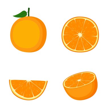 Turuncu, tam meyve, yarısı ve dilimi, beyaz arka planda, vektör illüstrasyonu