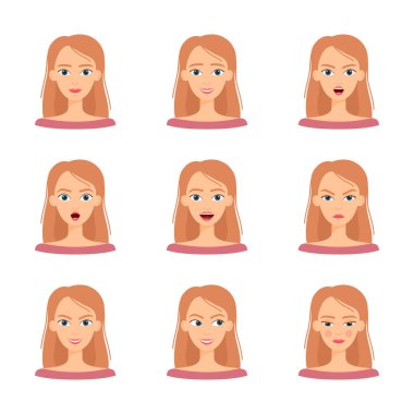 Güzel sarışın bir kızın duyguları. Farklı kadın duyguları, vektör illüstrasyonu