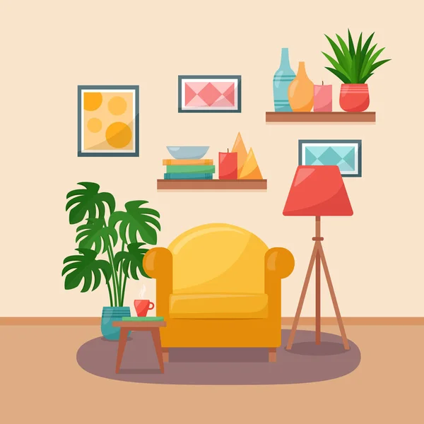 Living Room Interior Armchair Table Shelves Pictures Floor Lamp Houseplants — Stock Vector