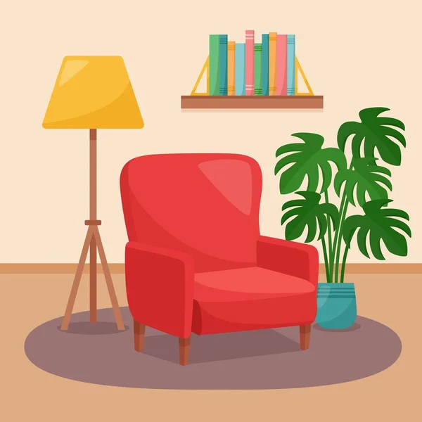 Wohnzimmereinrichtung Sessel Regal Mit Büchern Stehlampe Und Zimmerpflanze Vektorillustration — Stockvektor
