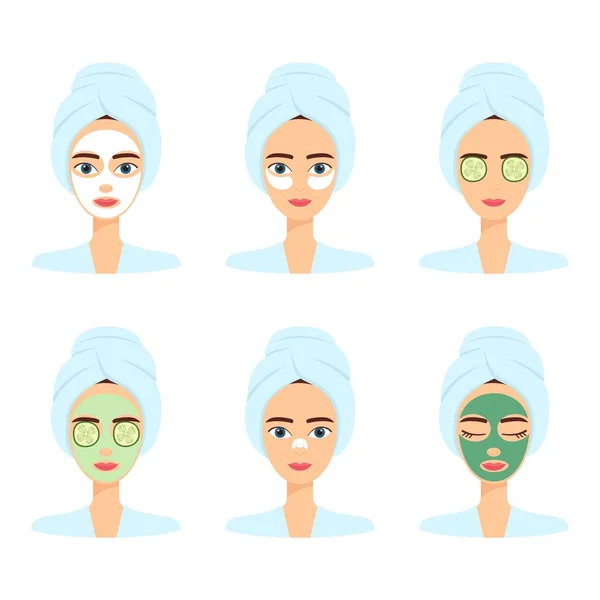 Zestaw Pięknych Kobiet Inną Maską Twarzy Spa Zabiegi Kosmetyczne Ilustracja — Wektor stockowy