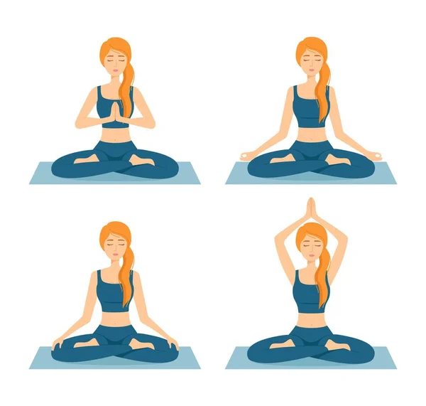 Set Dari Meditasi Perempuan Gadis Dalam Posisi Teratai Berlatih Yoga - Stok Vektor