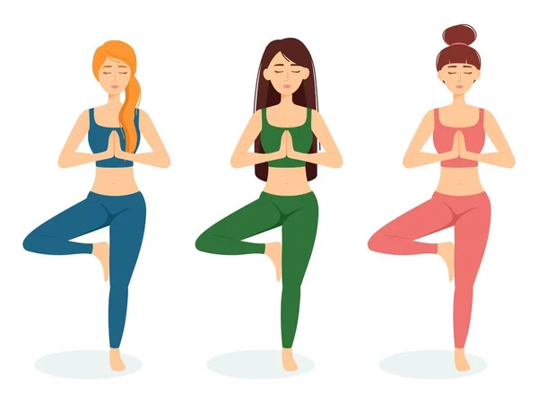 Grupo Mujeres Meditando Chicas Practicando Yoga Ilustración Vectorial — Vector de stock