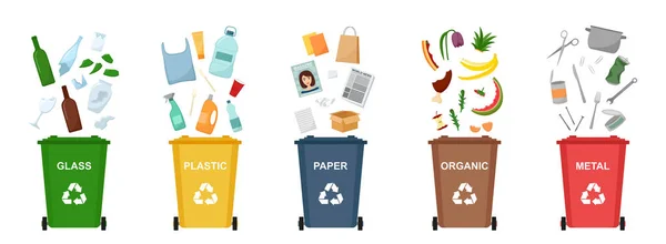 Zestaw Pojemników Śmieci Recyklingu Różnych Rodzajów Odpadów Sortowanie Recykling Odpadów — Wektor stockowy
