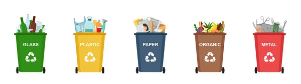 Conjunto Papeleras Para Reciclar Diferentes Tipos Residuos Clasificación Reciclaje Residuos — Archivo Imágenes Vectoriales