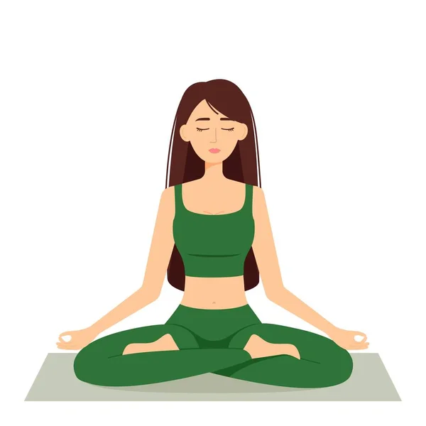 Mujer Meditante Chica Posición Loto Practicando Yoga Ilustración Vectorial — Vector de stock