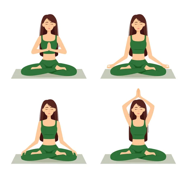 Conjunto Mujeres Meditando Chicas Posición Loto Practicando Yoga Ilustración Vectorial — Vector de stock