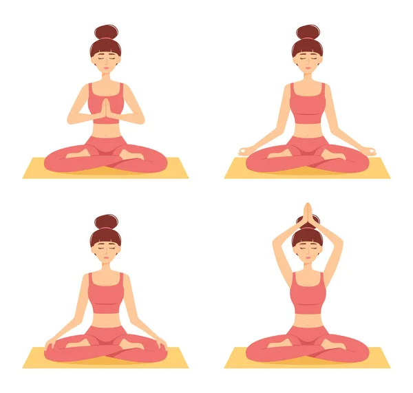 Conjunto Mujeres Meditando Chicas Posición Loto Practicando Yoga Ilustración Vectorial — Vector de stock