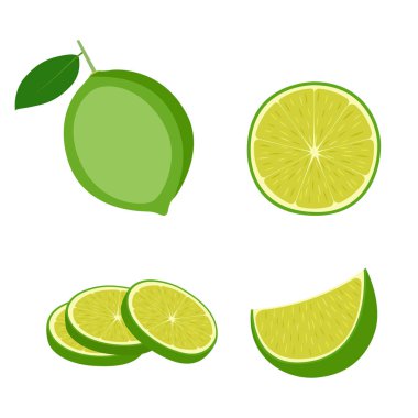 Limon, tam meyve, yarısı ve dilimler, vektör illüstrasyonu