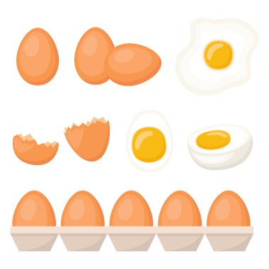 Taze, pişmiş ve kızarmış yumurta seti, vektör çizimi.