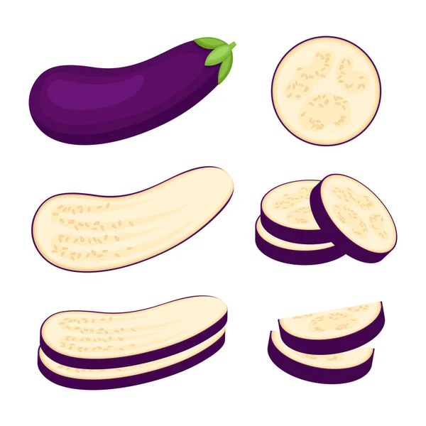 Eggplant Whole Vegetable Half Slices Vector Illustration — Stock Vector