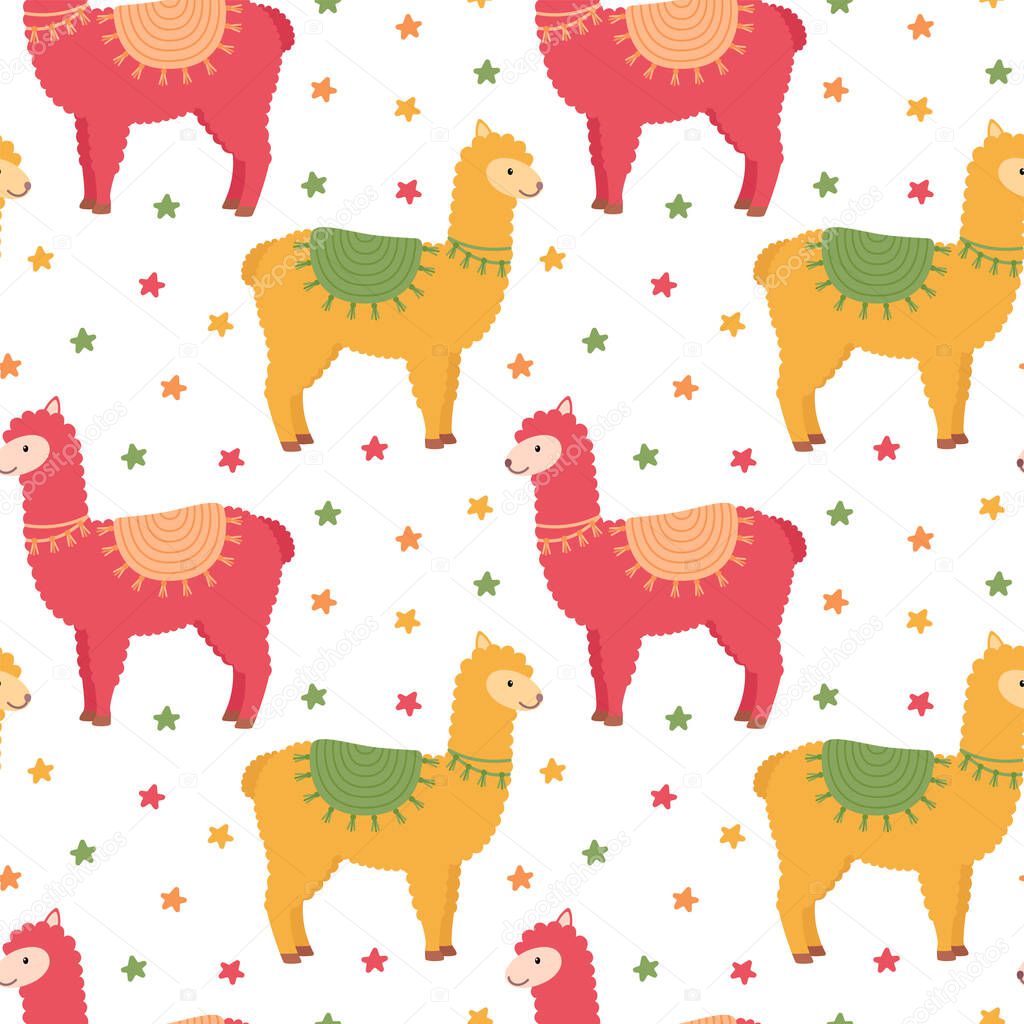 Seamless pattern with lamas and stars, vector illustration