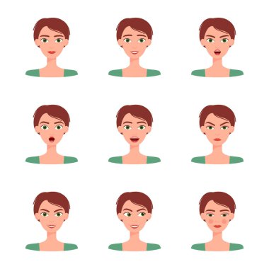 Güzel bir kızın duyguları. Farklı kadın duygularının toplanması, vektör illüstrasyonu