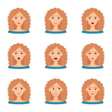 Güzel sarışın bir kızın duyguları. Farklı kadın duygularının toplanması, vektör illüstrasyonu