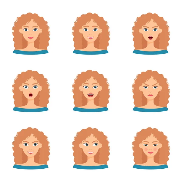 Zestaw Emocji Pięknej Blondynki Zbiór Różnych Kobiecych Emocji Ilustracja Wektora — Wektor stockowy