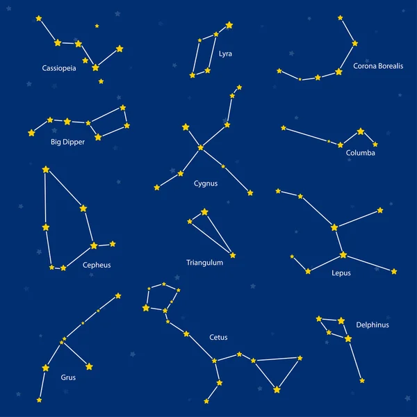 Souhvězdí: cassiopeia, velký vůz, cepheus, lyra, grus, cyg — Stockový vektor