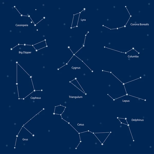 Konstellationer: cassiopeia, big dipper, cepheus, lyra, grus, cyg — Stock vektor