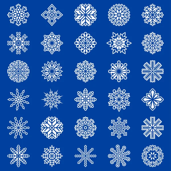 Комплект снежинок на синем фоне, векторная иллюстрация — стоковый вектор