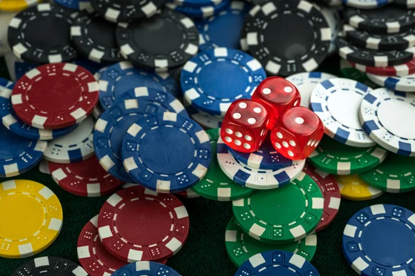 Gambling Red Dice and Money Chips — Stock Photo, Image