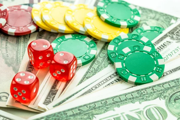 Gambling Red Dice American Dollars and Money Chips — Stock Photo, Image