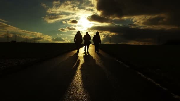 Mensen silhouet op weg in de natuur van het veld in zonsondergang landschap — Stockvideo