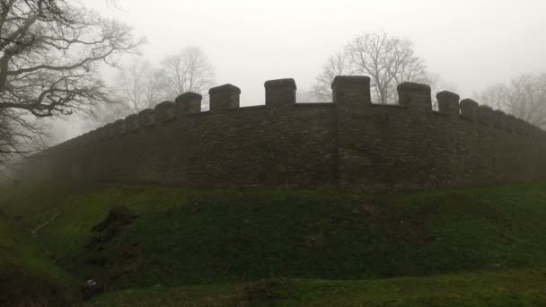 Старый исторический древний замок Стены и лес в туманный день тумана — стоковое видео