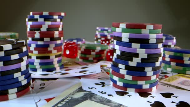 Outils Jeu Comme Des Jetons Argent Dés Cartes Poker — Video